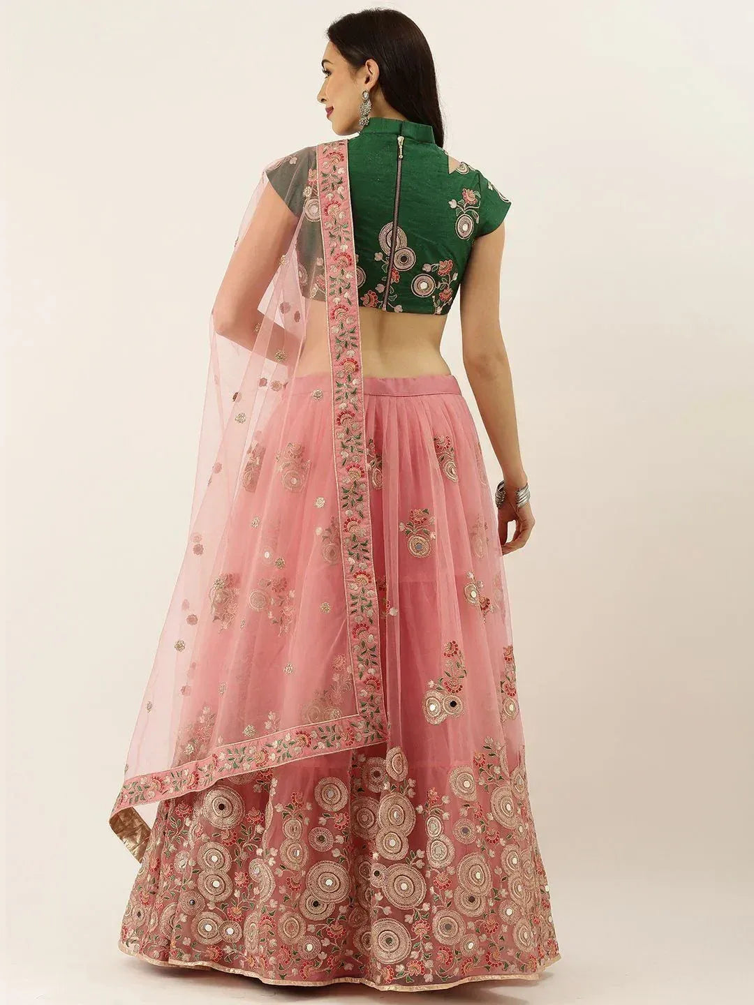 Tulsi Art Peach & Green Embroidered Semi-Stitched Lehenga & Unstitched Blouse With Dupatta