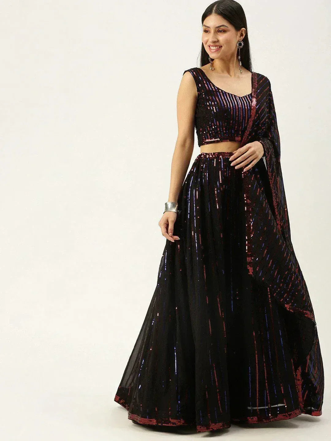 Tulsi Art Black Embellished Sequinned Semi-Stitched Myntra Lehenga & Unstitched Blouse With Dupatta