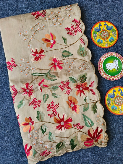 Mameraa Sarees Beige Matka Silk Saree With Heavy Floral Embroidery Border With Running Blouse-Beige