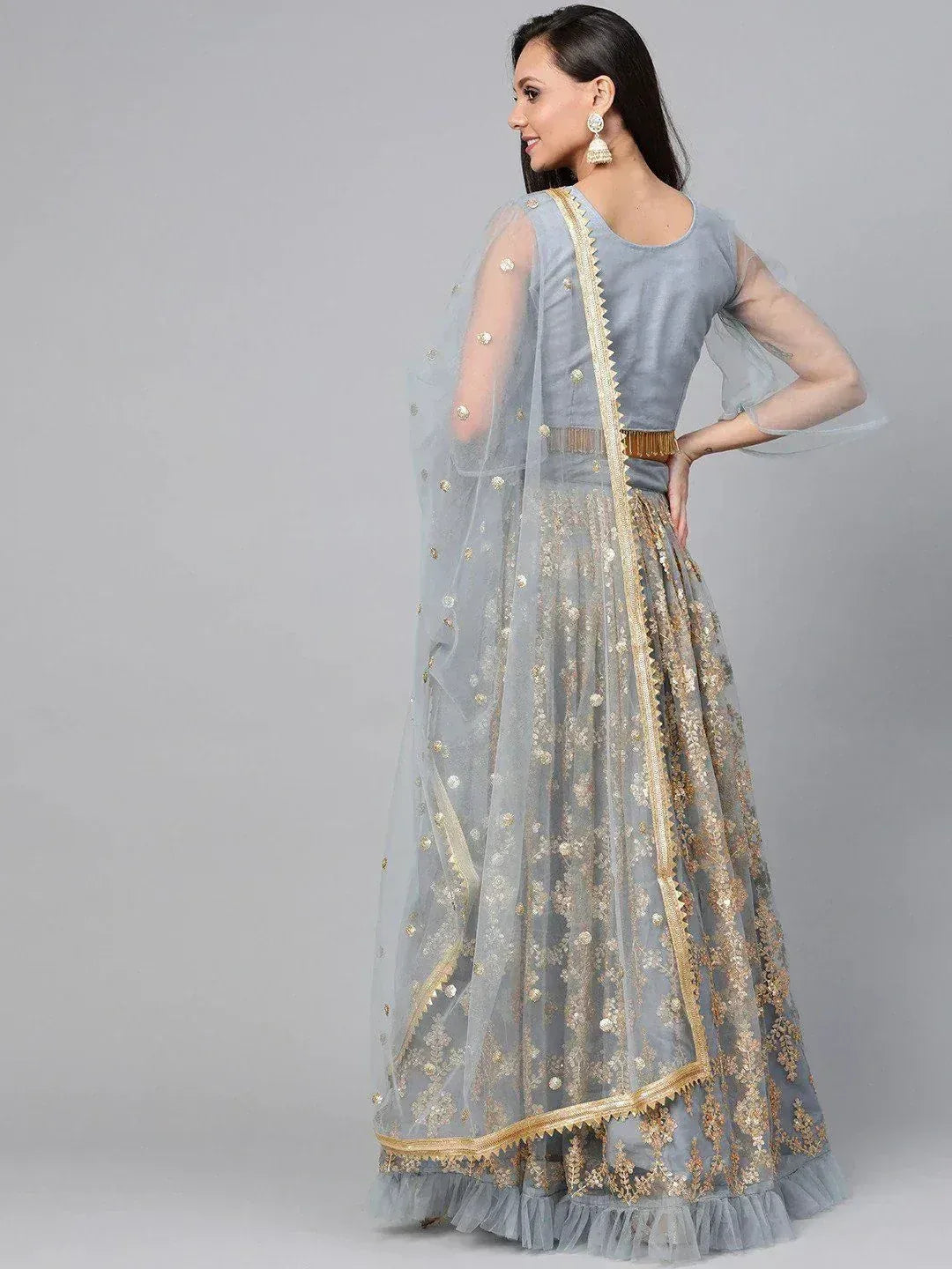 Tulsi Art Grey & Golden Semi-Stitched Embellished Myntra Lehenga & Unstitched Blouse With Dupatta