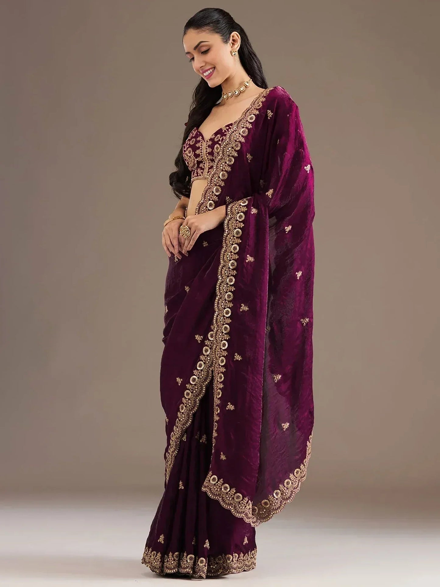 Tulsi Art Stunning Wine Embroidered Silk Reception Wear Saree With Blouse