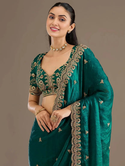 Tulsi Art Charming Green Zari Embroidered Silk Reception Wear Saree With Blouse