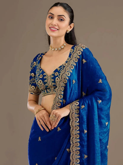 Tulsi Art Dazzling Blue Embroidered Silk Festive Wear Saree With Blouse