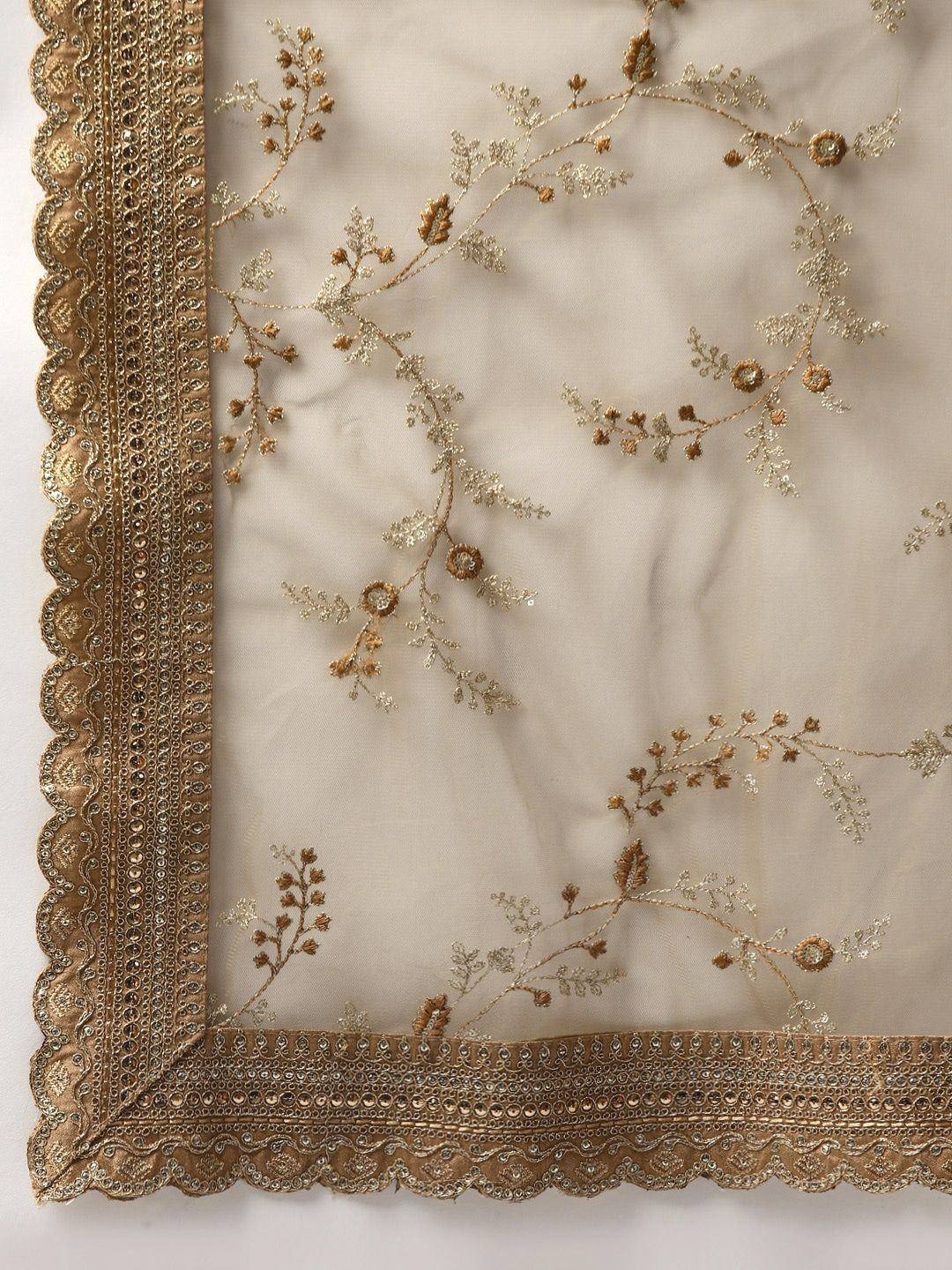 Tulsi Art Beige Embroidered Sequinned Unstitched Myntra Lehenga & Blouse With Dupatta