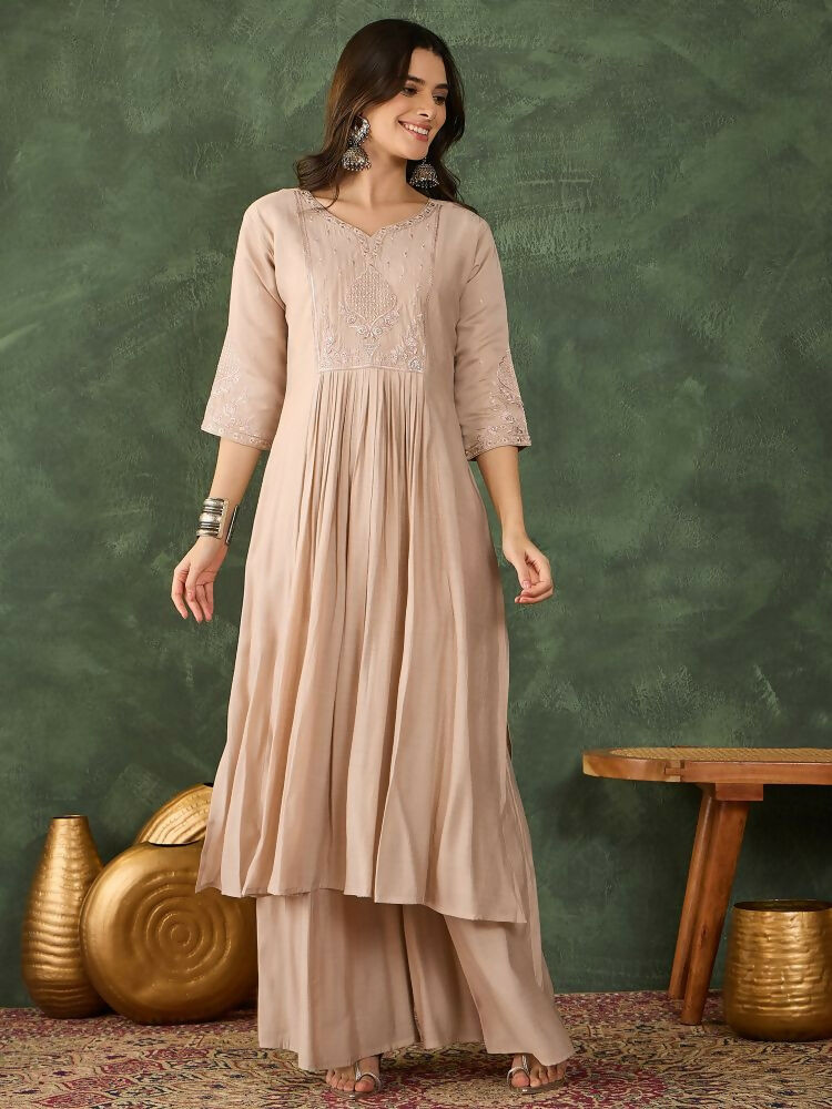 The52 Women's Beautiful Embroidery Work Silk Fabric Straight Kurta Palazzo and Dupatta Set