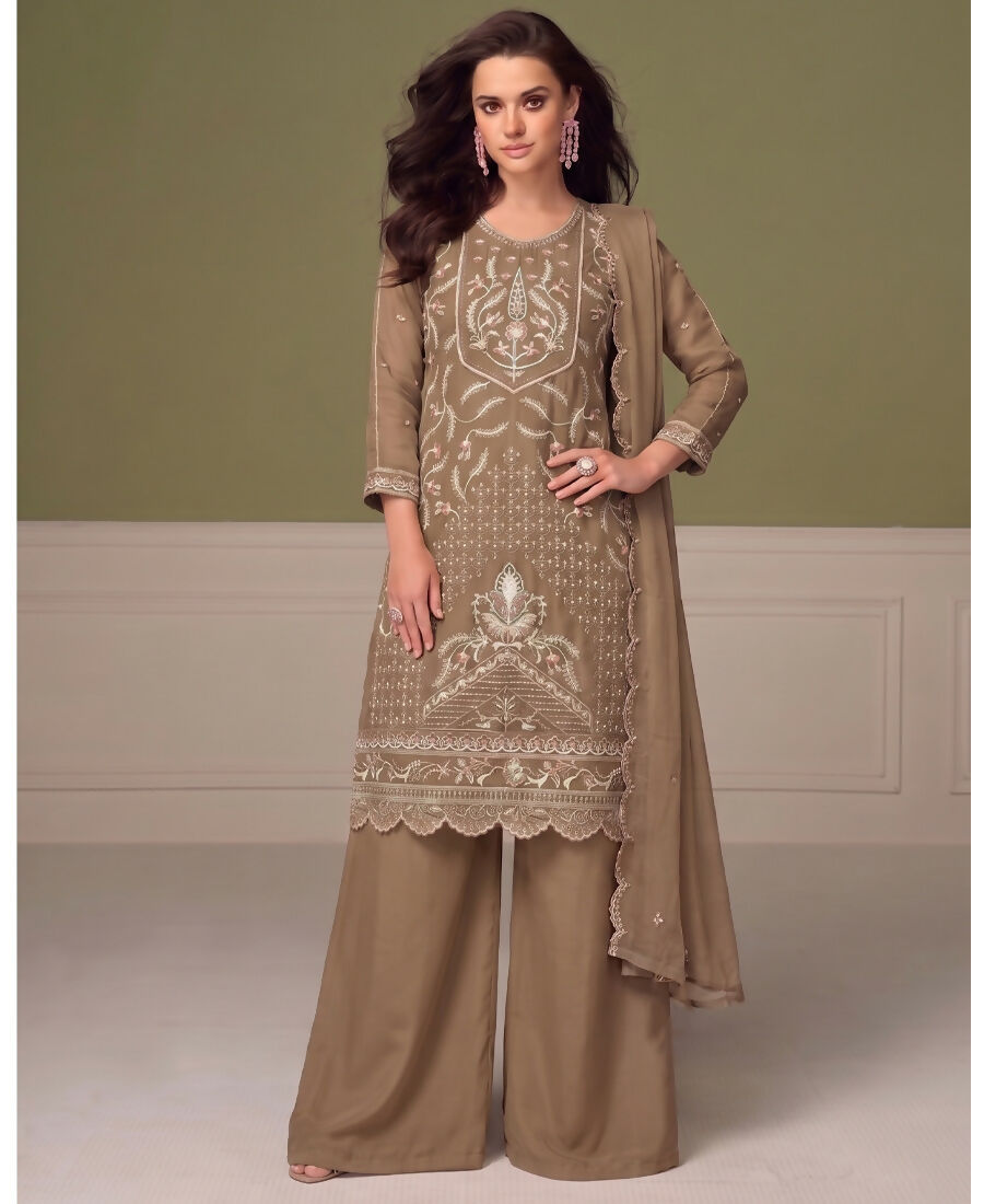 KC Beautiful Beige Chiffon Silk Hand Embroidery Suit For Women
