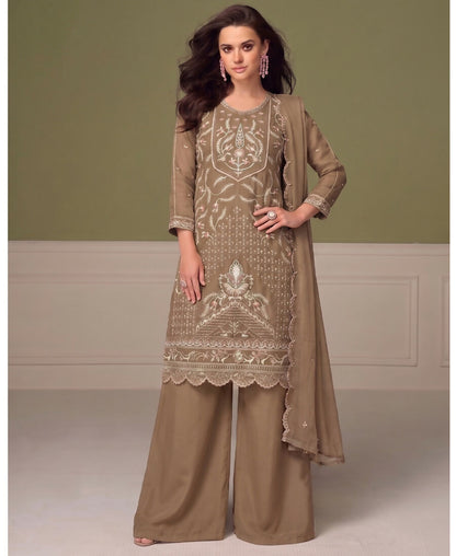 KC Beautiful Beige Chiffon Silk Hand Embroidery Suit For Women