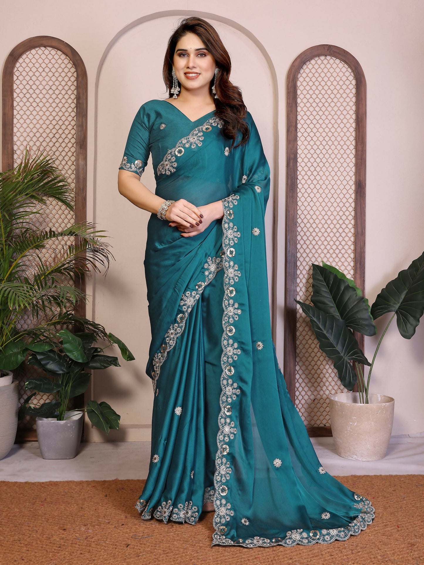 Teeya Creation New Trendy Party Wear Soft Satin Chiffon Saree-Teal