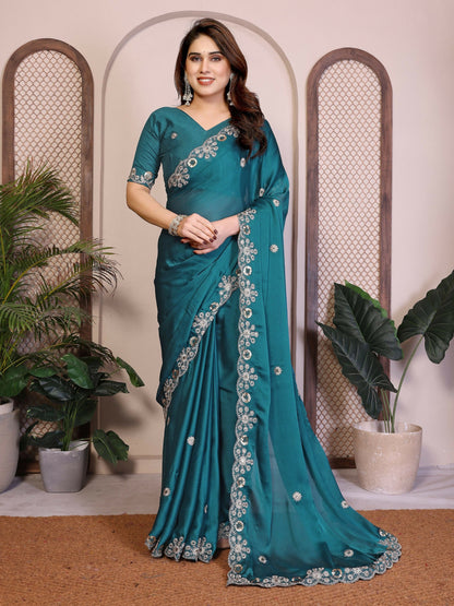 Teeya Creation New Trendy Party Wear Soft Satin Chiffon Saree-Teal