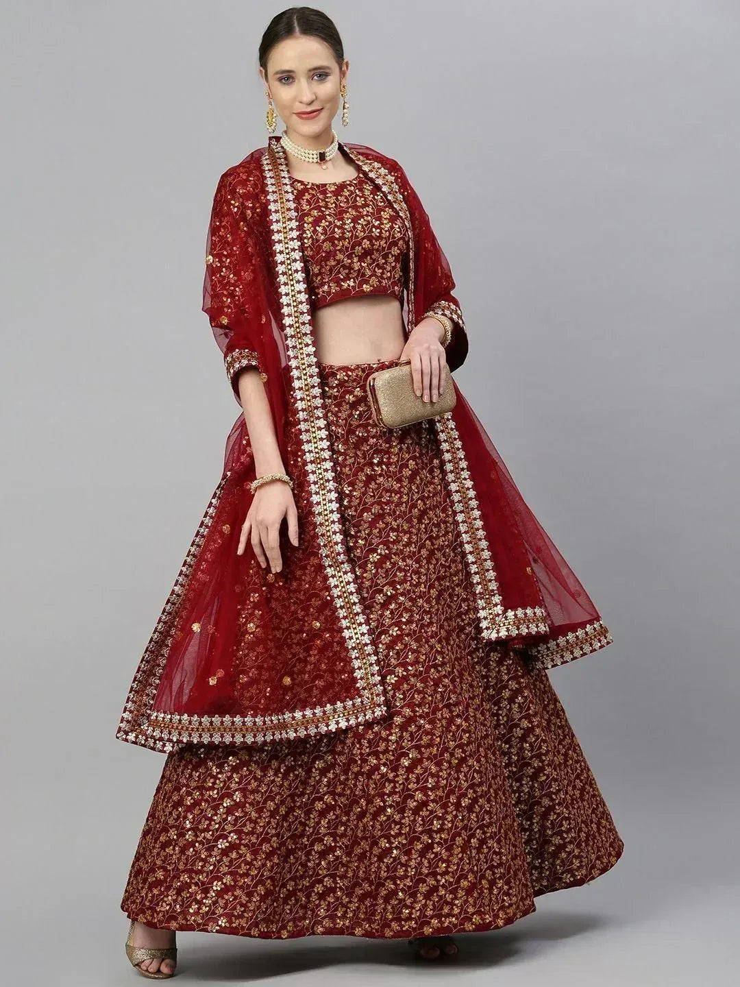 Tulsi Art Maroon & Golden Semi-Stitched Myntra Bridal Lehenga & Unstitched Blouse With Dupatta