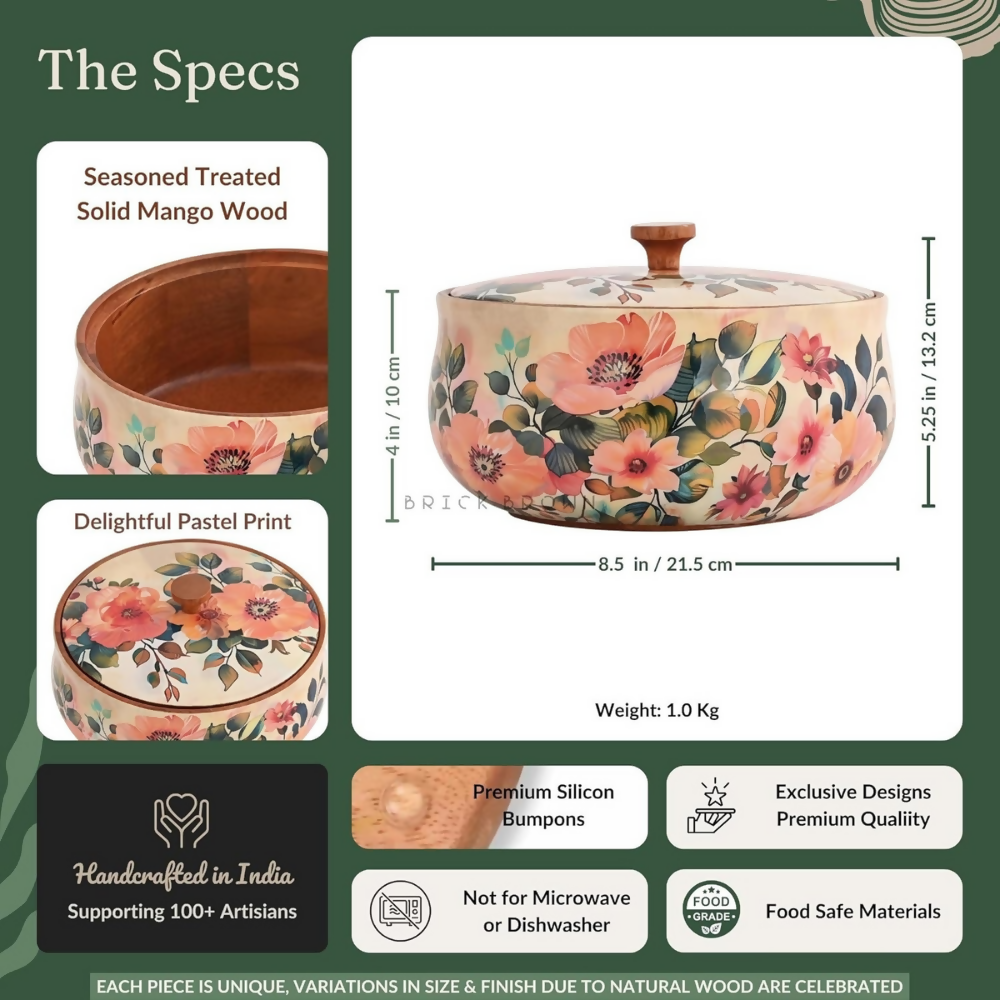 Brick Brown Handcrafted Enamel Coated Wooden Pastel Flora Roti Box