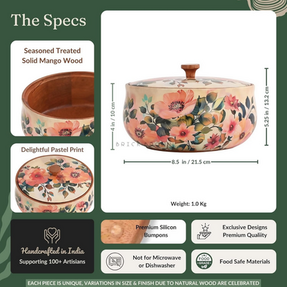 Brick Brown Handcrafted Enamel Coated Wooden Pastel Flora Roti Box