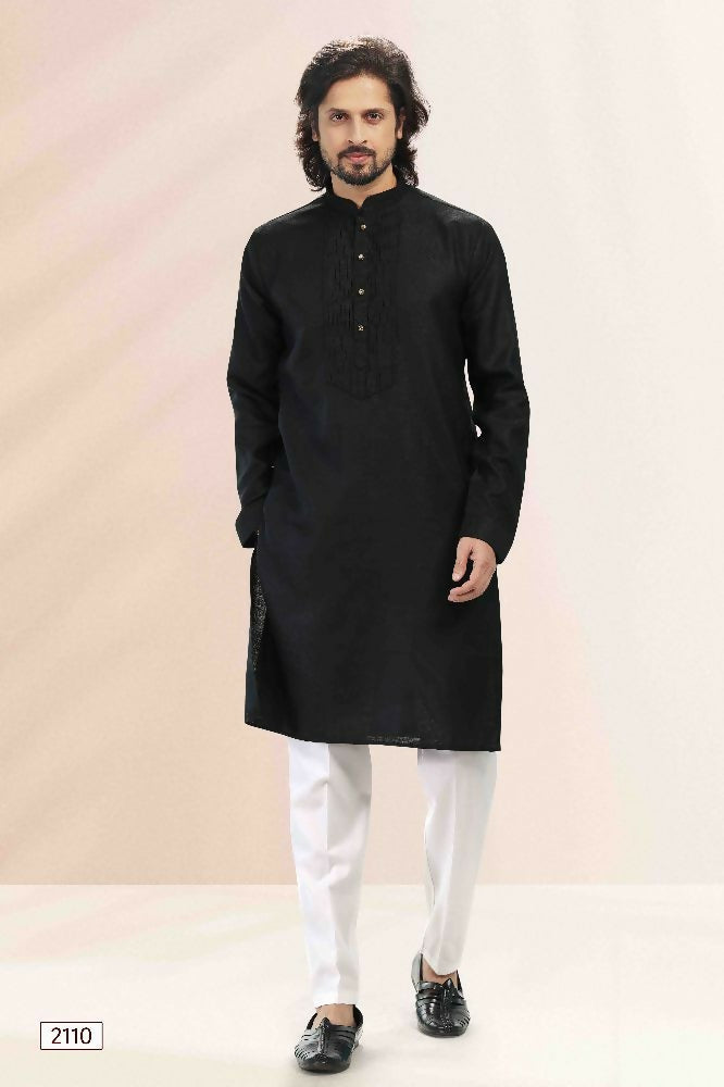 Raivat Ethnic Linen Cotton Pintux Work Kurta Pajama In Black Colour