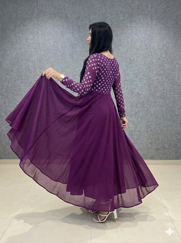 Teeya Creation Women's Wine Bandhani Print Anarkali Gown