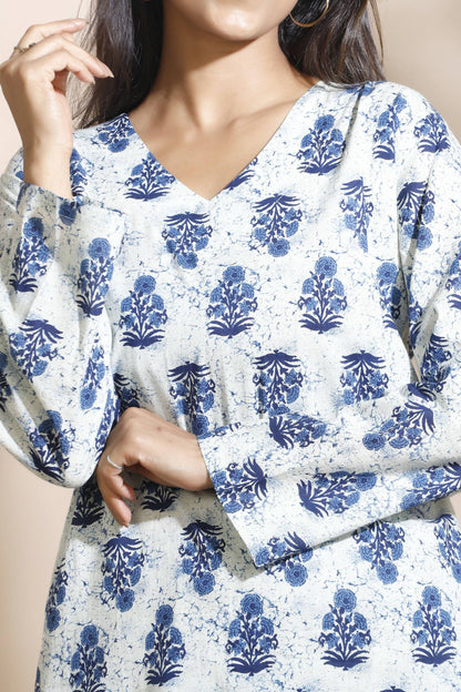 Breathables WomenS Cream Cotton Indian Motif Butta Loungewear Co-Ord Set  Long Kurta & Pants