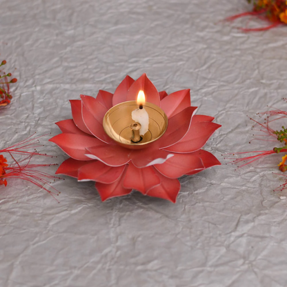 CraftVatika Kamal Diya Deepak Lotus Brass Diyas Oil Lamp - Red