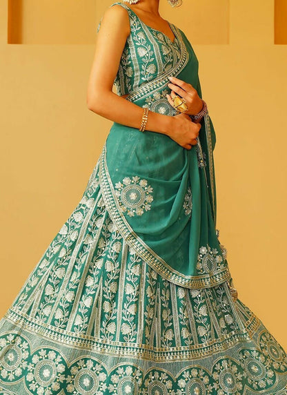 Lehenga Mart Dusty Green Faux Georgette Designer Bollywood Style Wedding Wear Lehenga Choli