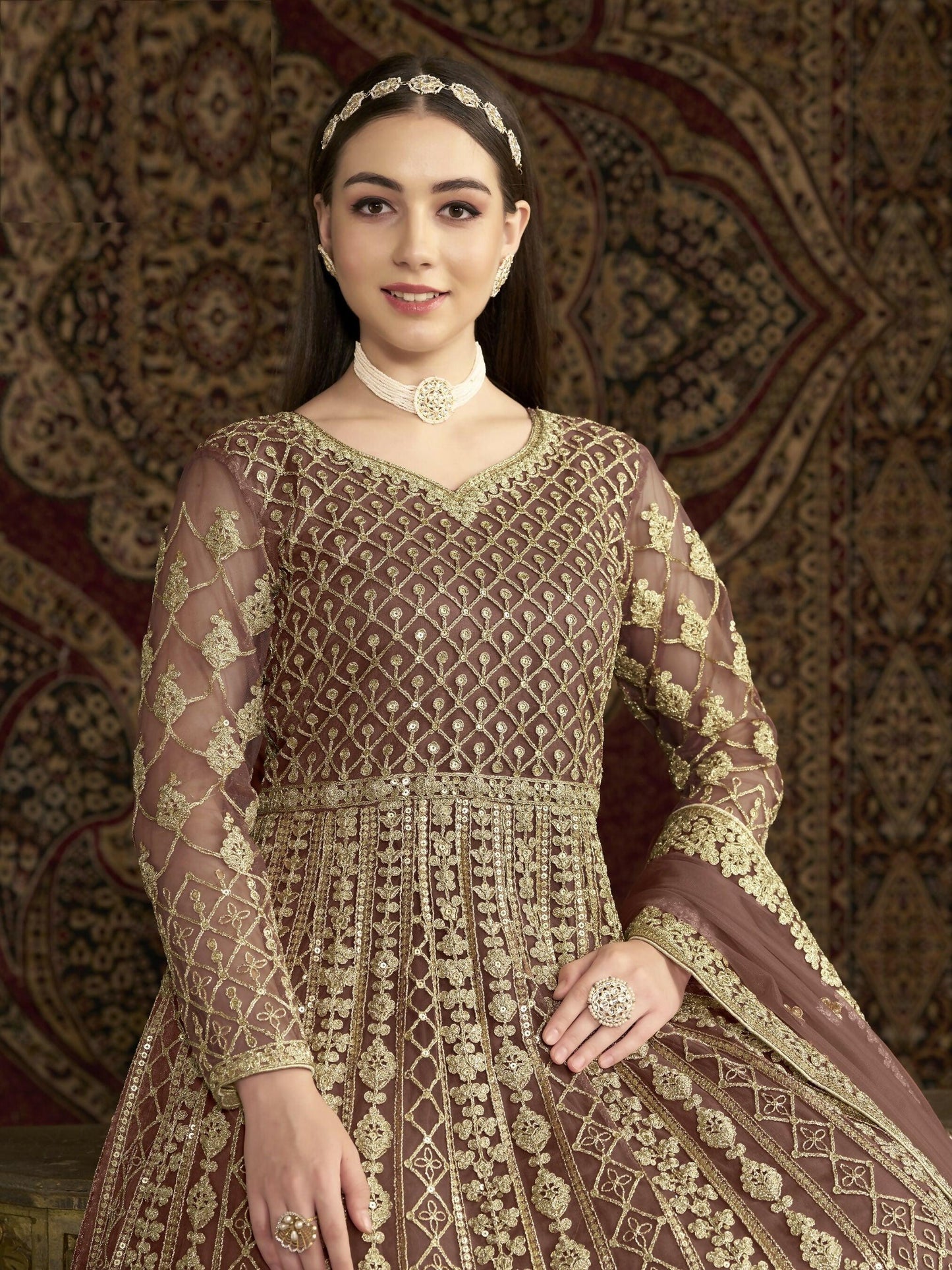 Anaita Coffee Embroidered Net Anarkali Suit