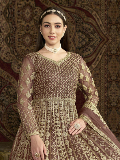 Anaita Coffee Embroidered Net Anarkali Suit