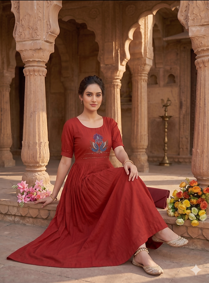 Teeya Creation Women's New Trendy Red Pleated Maxi Dress with Intricate Peacock Beadwork