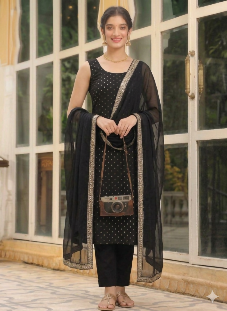 Teeya Creation Womens New Elegant Black Embroidered Kurti with Matching Bottom Set