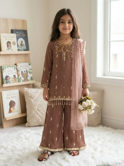 Teeya Creation New Latest Kids Trendy Ready to Wear Kurta Palazzo Set-Brown
