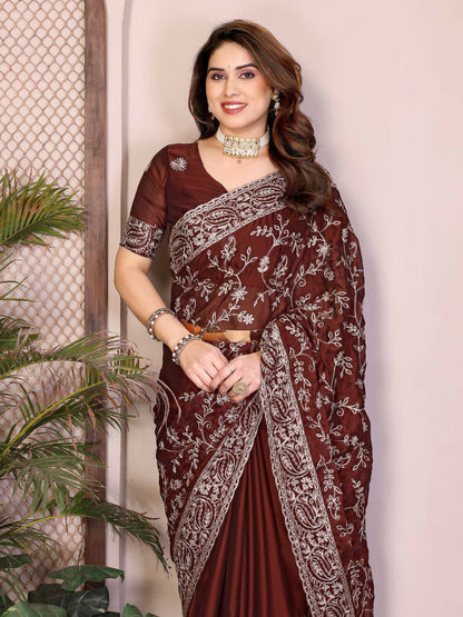 Teeya Creation New Trendy Stylish Party Wear Silk Saree-Brown