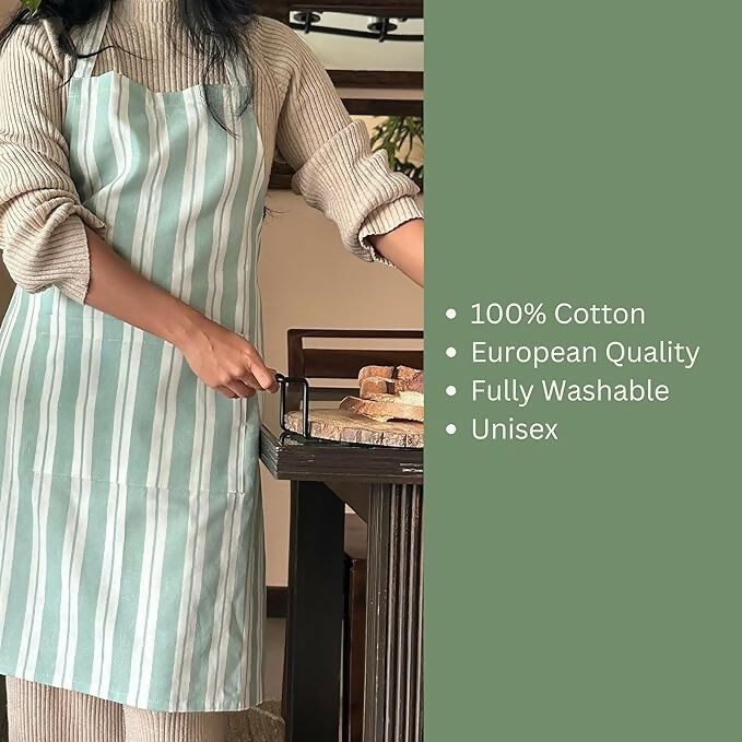 Oak & Lily 100% Cotton Kitchen Apron-Green Striped
