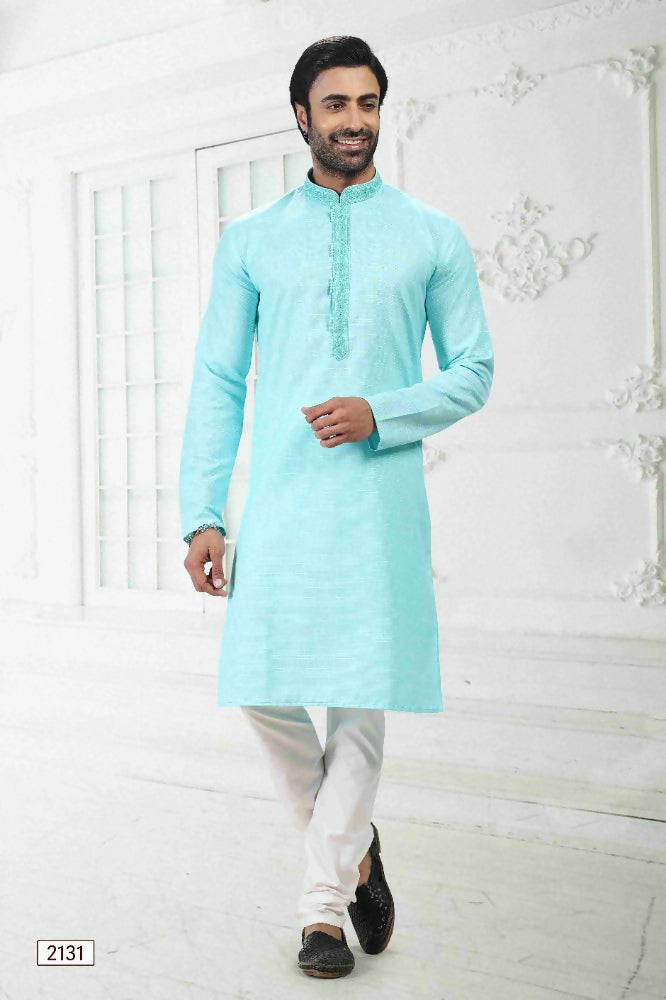 Raivat Ethnic Linen Cotton Thread Work Kurta Pajama In Sky Blue Colour