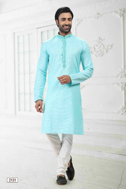 Raivat Ethnic Linen Cotton Thread Work Kurta Pajama In Sky Blue Colour