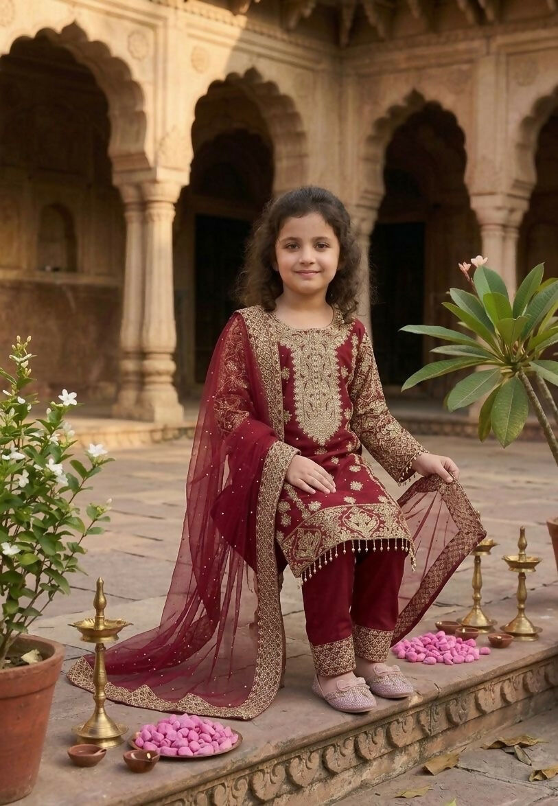 Teeya Creation New Kids Trendy stylish Rich Heavy Embroidery with Elegant Sequence Work Kurta Set-Red