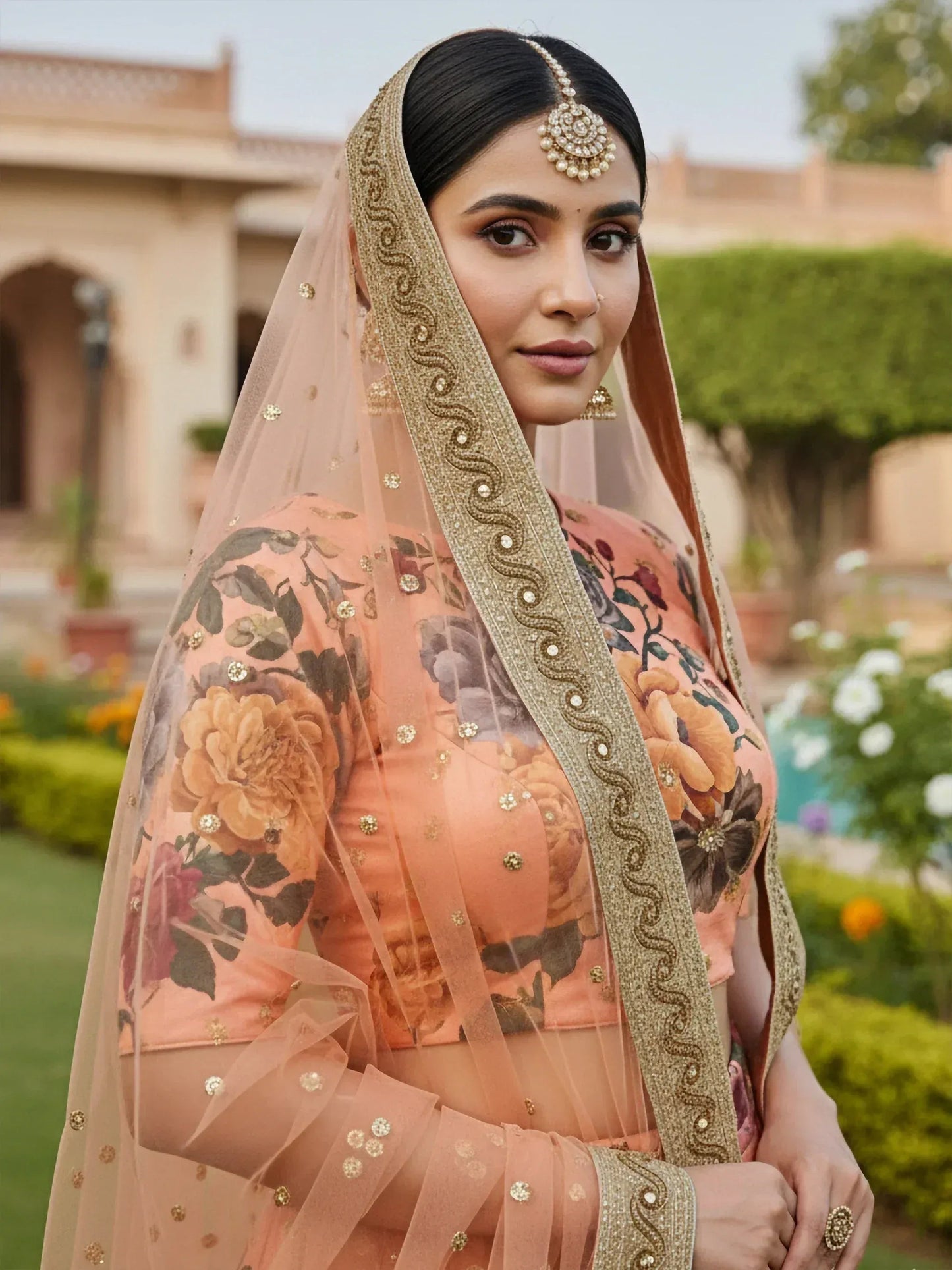 Tulsi Art Gorgeous Peach Floral Printed Art Silk Lehenga Choli With Dupatta
