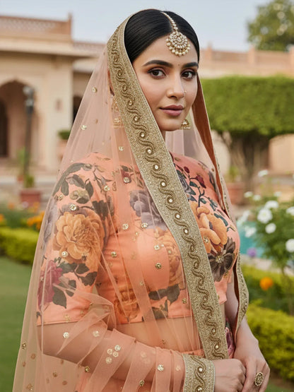 Tulsi Art Gorgeous Peach Floral Printed Art Silk Lehenga Choli With Dupatta