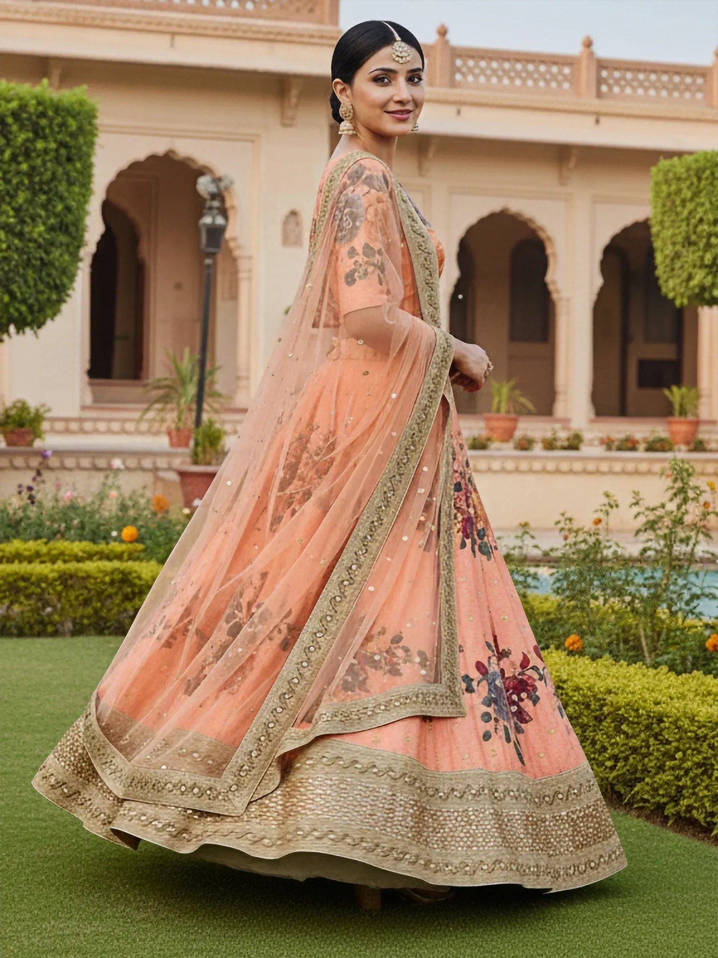 Tulsi Art Gorgeous Peach Floral Printed Art Silk Lehenga Choli With Dupatta
