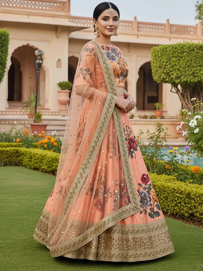 Tulsi Art Gorgeous Peach Floral Printed Art Silk Lehenga Choli With Dupatta