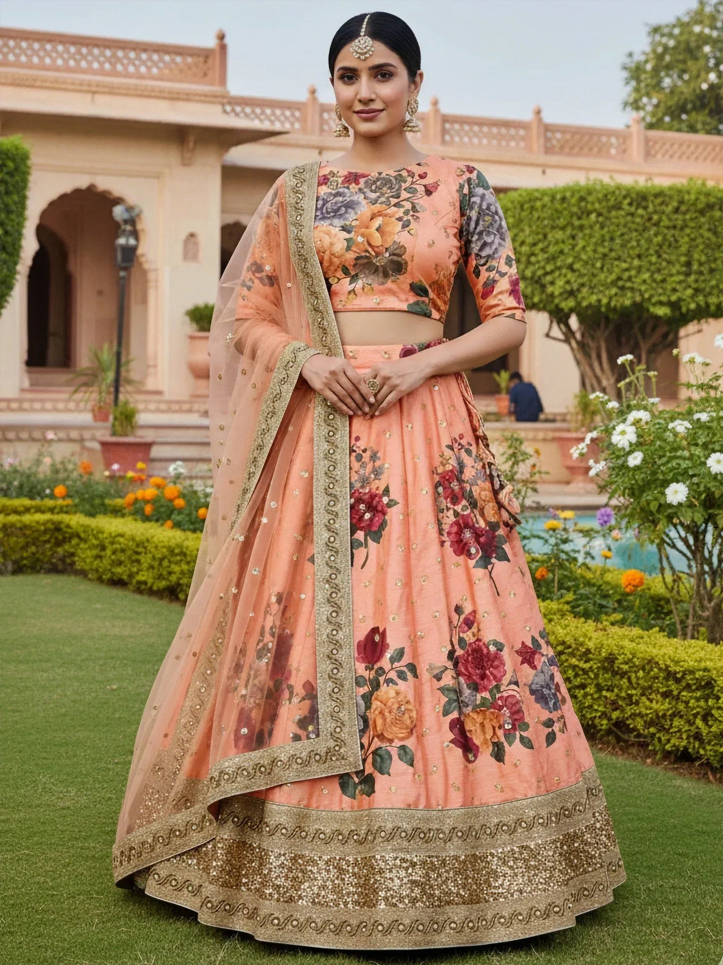 Tulsi Art Gorgeous Peach Floral Printed Art Silk Lehenga Choli With Dupatta