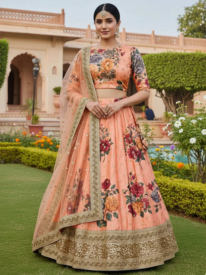 Tulsi Art Gorgeous Peach Floral Printed Art Silk Lehenga Choli With Dupatta