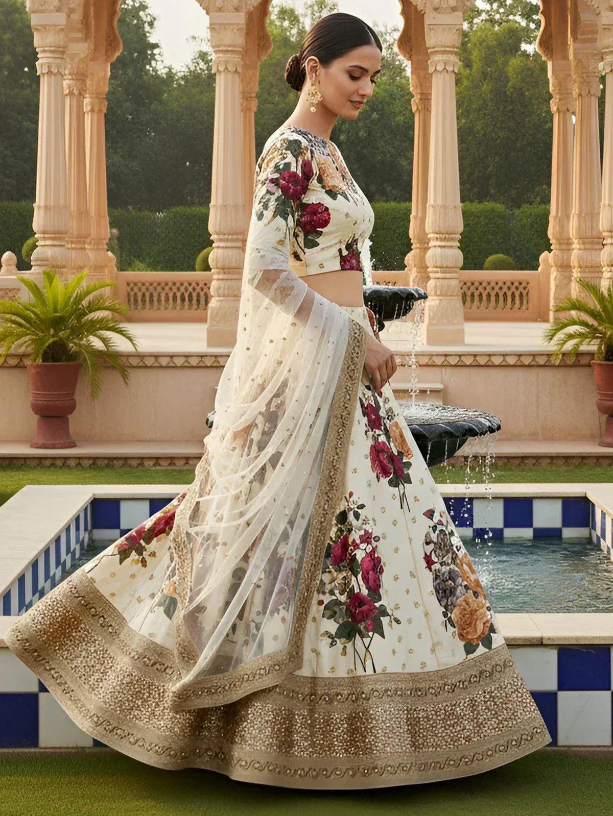 Tulsi Art Fabulous Cream Floral Printed Silk Wedding Lehenga Choli With Dupatta