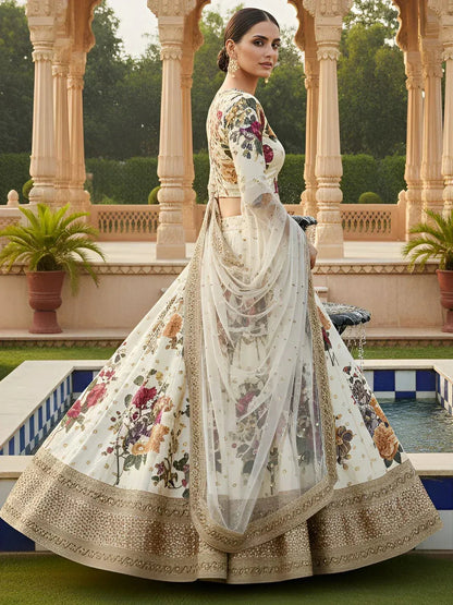 Tulsi Art Fabulous Cream Floral Printed Silk Wedding Lehenga Choli With Dupatta