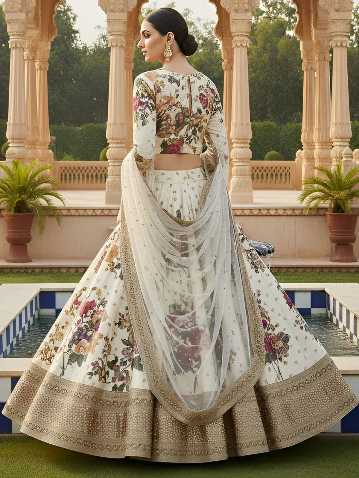 Tulsi Art Fabulous Cream Floral Printed Silk Wedding Lehenga Choli With Dupatta