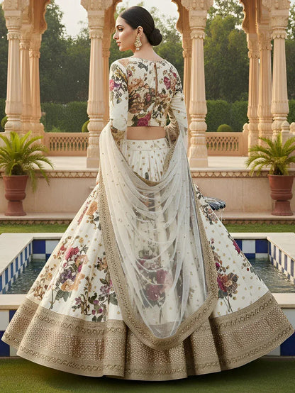 Tulsi Art Fabulous Cream Floral Printed Silk Wedding Lehenga Choli With Dupatta