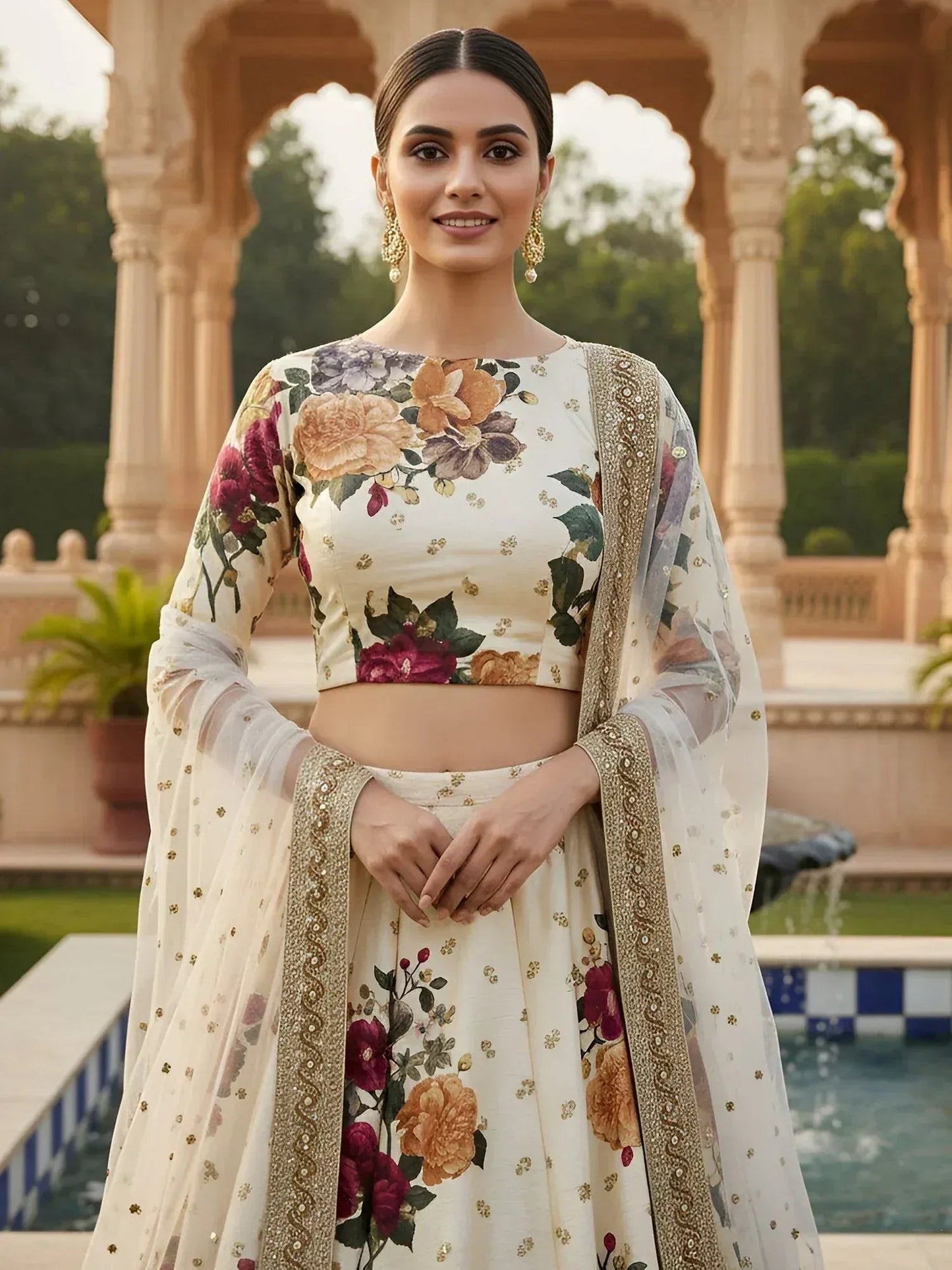 Tulsi Art Fabulous Cream Floral Printed Silk Wedding Lehenga Choli With Dupatta