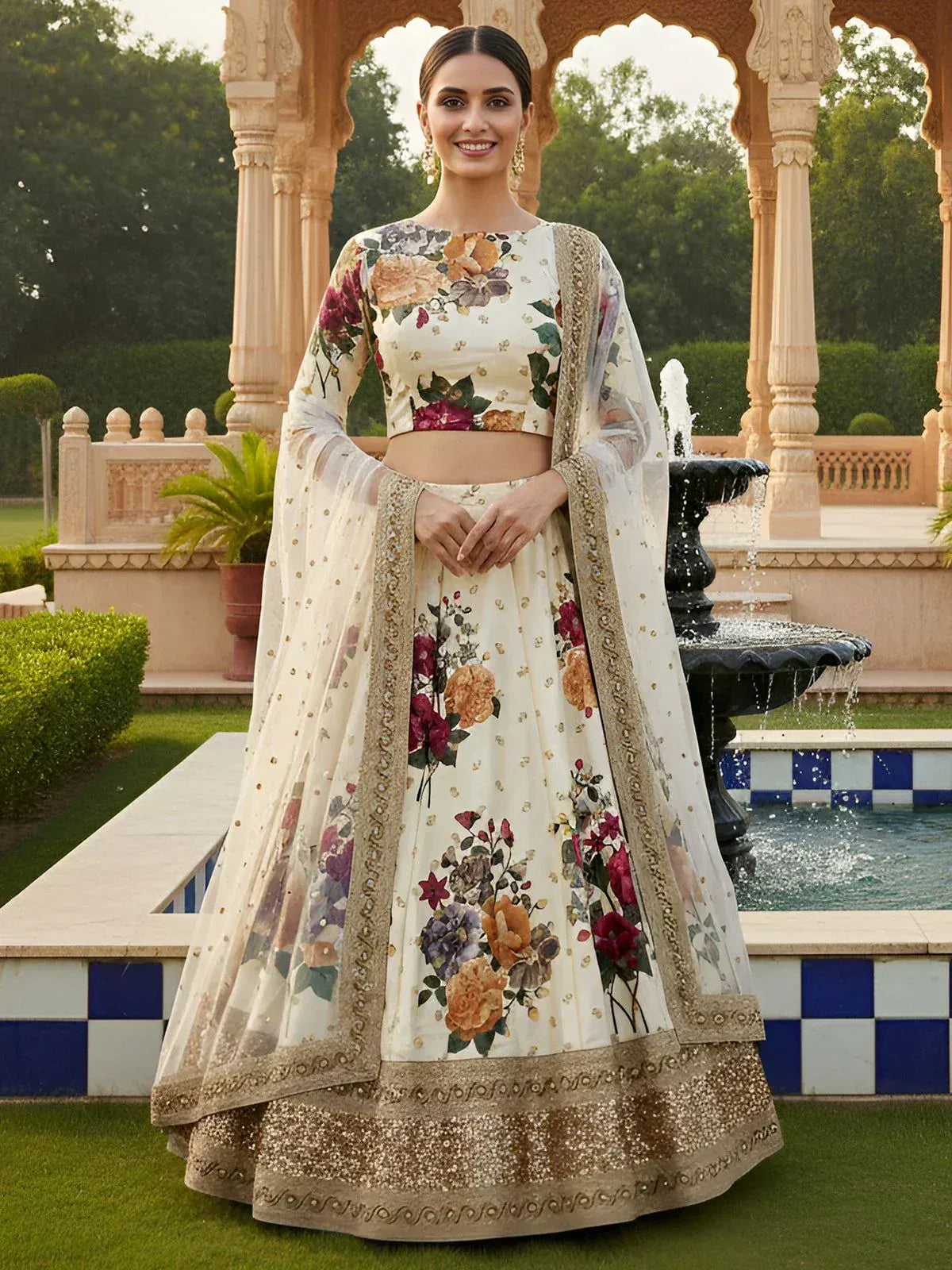Tulsi Art Fabulous Cream Floral Printed Silk Wedding Lehenga Choli With Dupatta