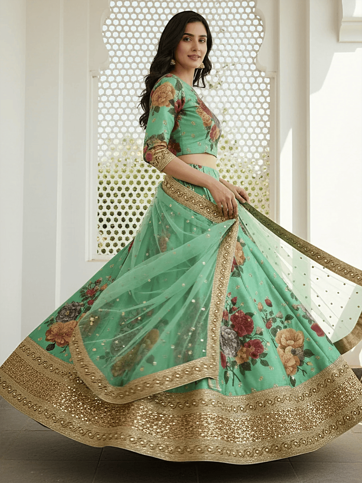 Tulsi Art Amazing Green Floral Printed Silk Traditional Lehenga Choli With Dupatta