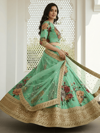 Tulsi Art Amazing Green Floral Printed Silk Traditional Lehenga Choli With Dupatta