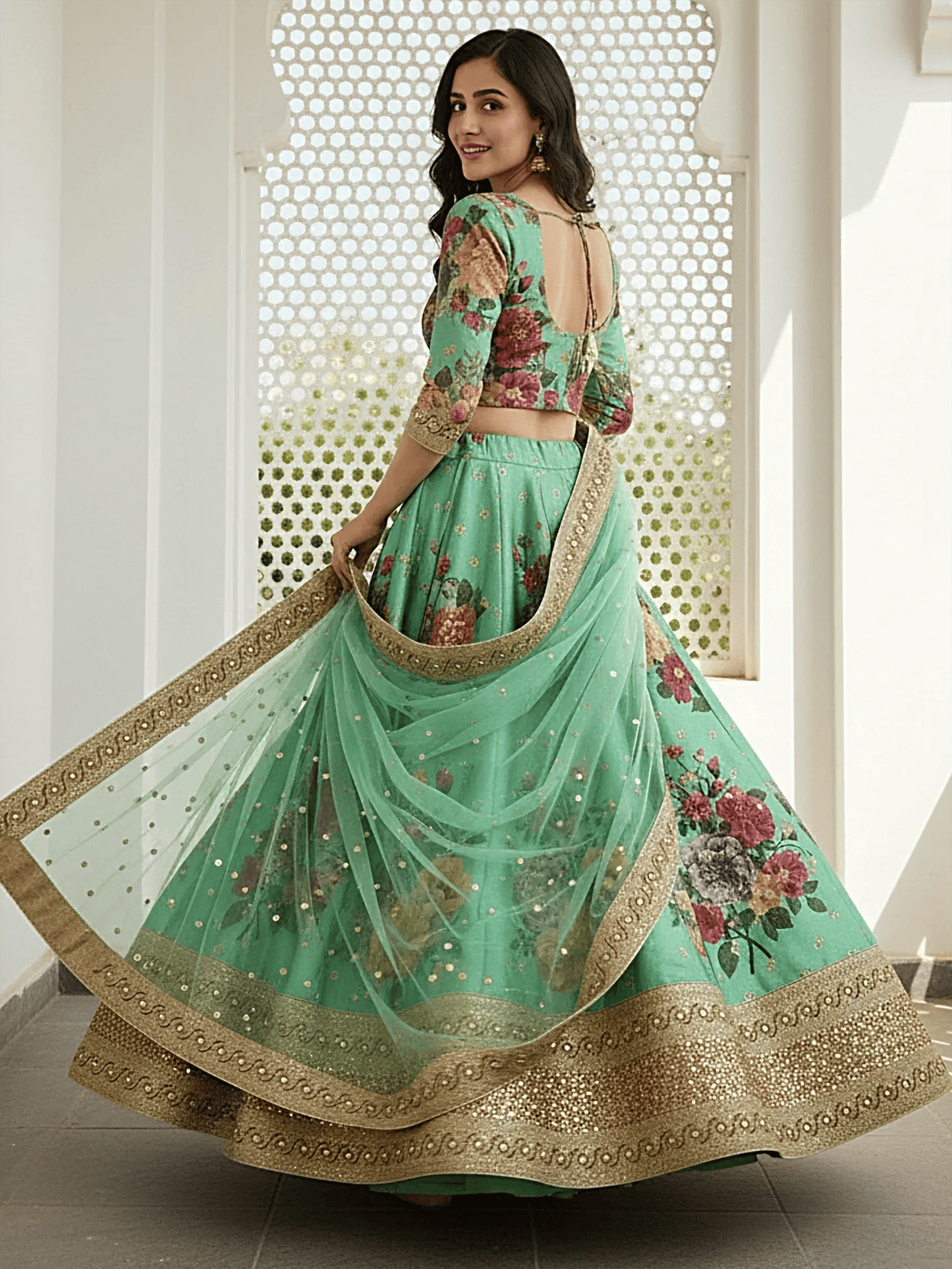 Tulsi Art Amazing Green Floral Printed Silk Traditional Lehenga Choli With Dupatta