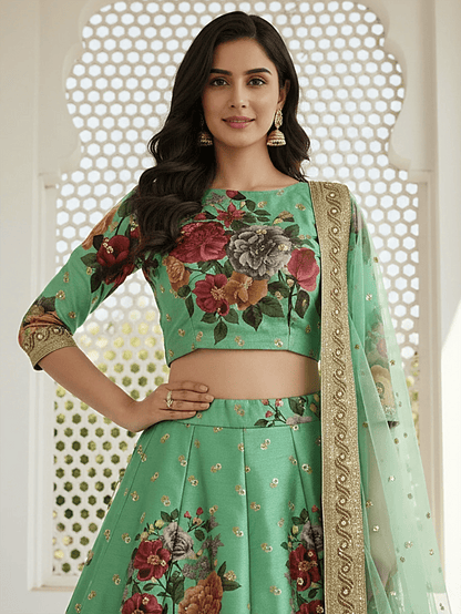 Tulsi Art Amazing Green Floral Printed Silk Traditional Lehenga Choli With Dupatta
