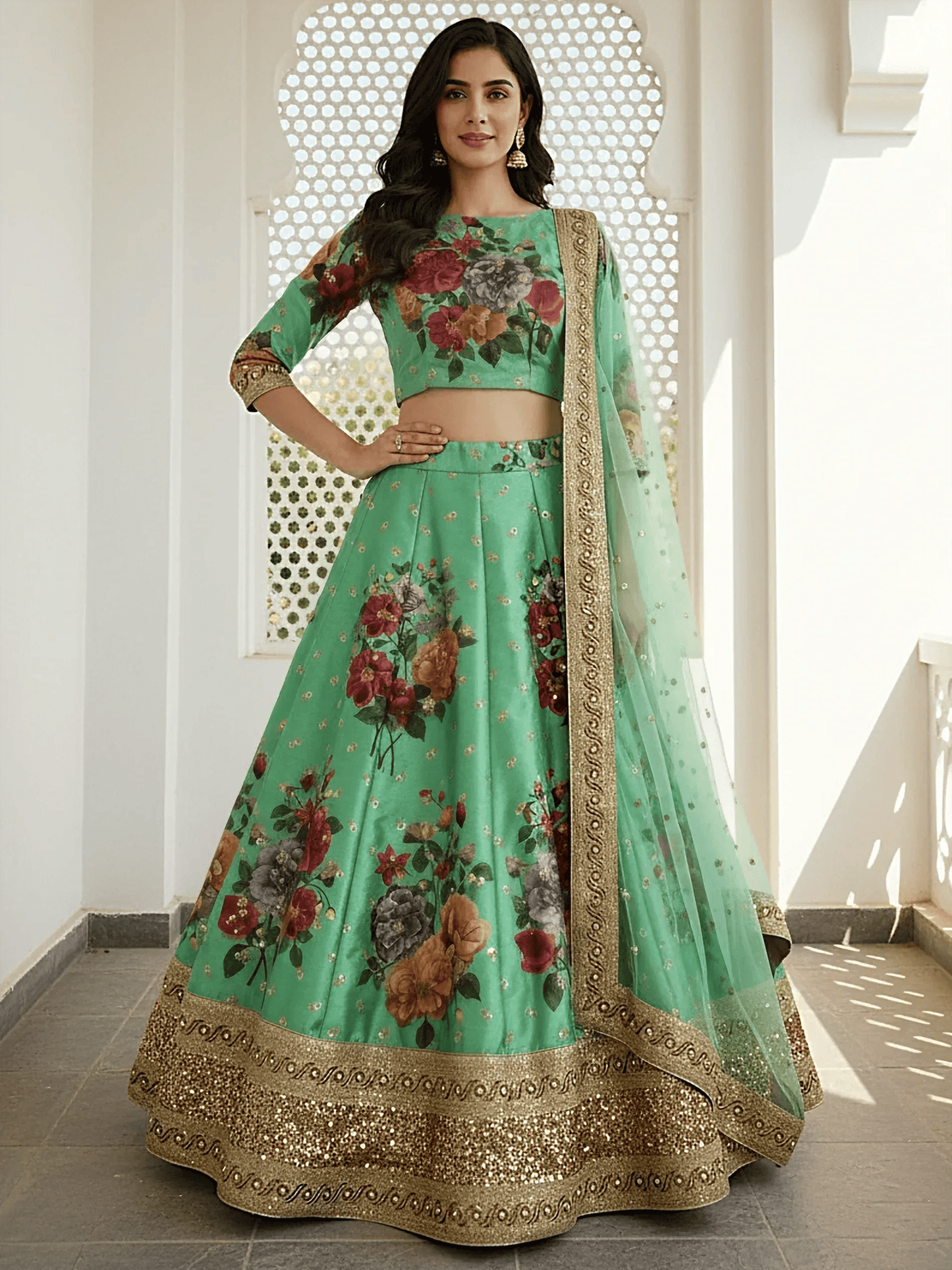 Tulsi Art Amazing Green Floral Printed Silk Traditional Lehenga Choli With Dupatta