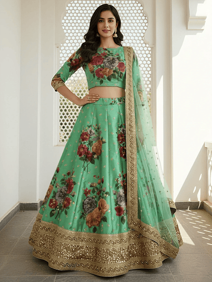 Tulsi Art Amazing Green Floral Printed Silk Traditional Lehenga Choli With Dupatta