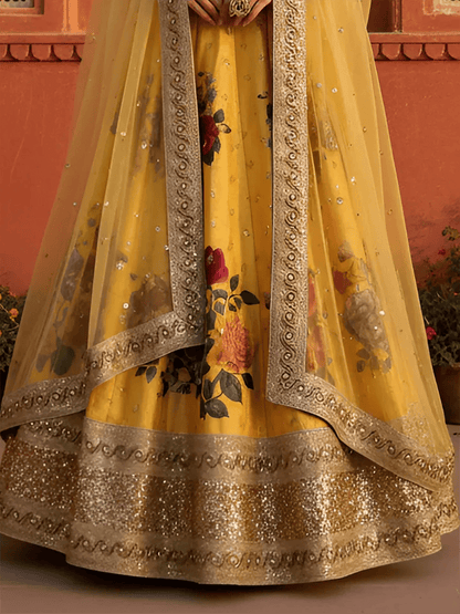 Tulsi Art Beautiful Yellow Floral Printed Silk Festival Wear Lehenga Choli With Dupatta